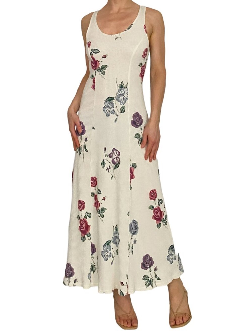 Vintage white floral ribbed cotton maxi dress